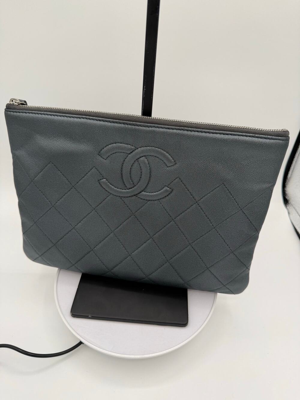 Chanel grey quilted leather Medium O Case Clutch